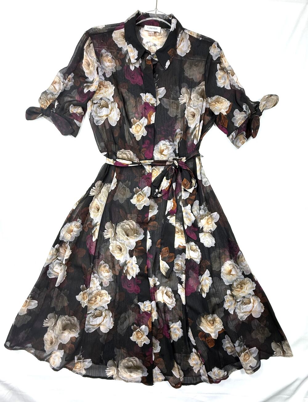 Calvin Klein women's black floral print dress sheer belted waist Sz 8 - Picture 1 of 12